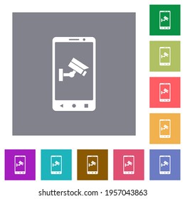 Remote surveillance flat icons on simple color square backgrounds