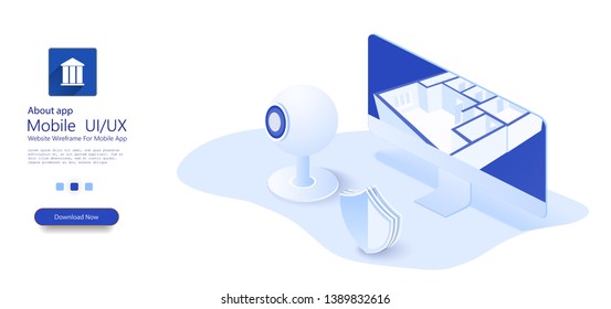 Remote surveillance of the house through the camera. Smart home connection and control with devices through home network. Home protection wireless system. Isometric vector illustration.