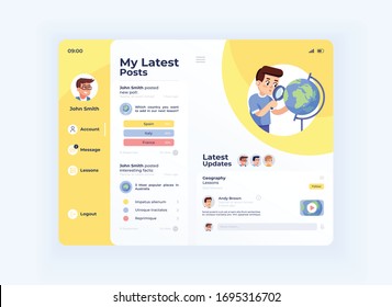 Remote teacher tablet interface vector template. Mobile app page day mode design layout. User account screen. Flat UI for application. Online tutors posts and updates on portable device display