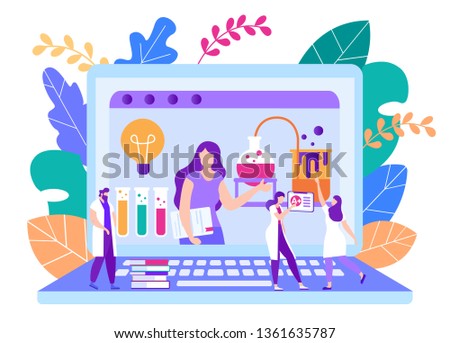 Remote Teachers Homework Check Vector Illustration. Teachers Distance Education Check Video task Student. On Computer Screen Girl with Chemical Experience and Equipment. Cartoon Flat.