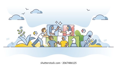 Remote Team Building Game For Partnership And Collaboration Outline Concept. Virtual Company Teambuilding Event For Employee Interaction And Performance Growth Vector Illustration. Skill Development.