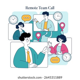 Remote team call illustration featuring diverse characters engaged in a virtual meeting. Showcases communication technology, time management, and teamwork. Modern business context in a digital