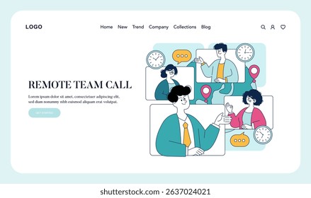 Remote team call illustration for virtual collaboration. Team members engage through video conferencing while sharing ideas and managing time effectively across different locations. Vector
