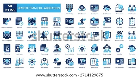Remote Team Collaboration Fill Icon Set. Virtual Meeting, Online Brainstorm, Shared Screen, Cloud Workspace, Remote Access, Chat Discussion, Task Assignment