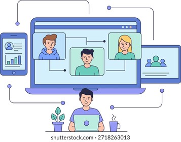 Ilustração de colaboração de equipe remota Reunião on-line, videoconferência e comunicação digital