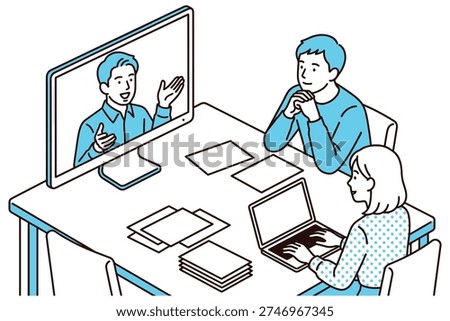 Remote team collaboration with video conference on computer screen in modern office setting with two coworkers