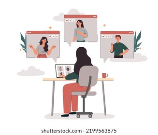 Remote team concept. Girl communicates with partners and colleagues on Internet, video conference on social networks. Freelancers and coworkers working on project. Cartoon flat vector illustration
