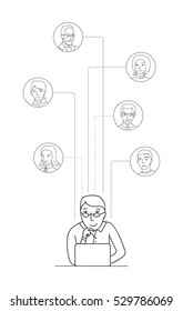 Remote team concept, man at laptop connecting with other people, thin line style vector