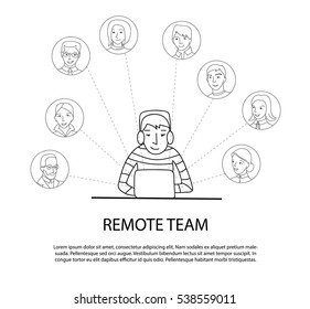 Remote team concept, man at laptop connecting with other people, thin line style vector