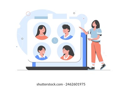 Remote team concept. Team talking online meeting. Videoconference and web communication concept. Vector illustration Flat