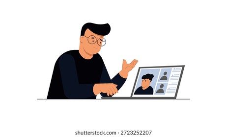 Conversación De Equipo Remoto Durante Una Reunión En Línea. Ilustración vectorial plana de un hombre que participa en una conversación remota en equipo usando una computadora portátil. Video El personaje hace gestos mientras se comunica durante una reunión en línea, una llamada o una colaboración virtual. Concepto de trabajo remoto, comunicación digital, trabajo en equipo en línea y estilo de vida moderno de oficina. Diseño minimalista limpio adecuado para Sitios web, App, presentaciones y videos explicativos.