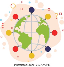 Remote Team Or Global Business Concept, Multi National Companies Vector Color Icon Design, Location Points On World Map Sign, Hrm Symbol, 