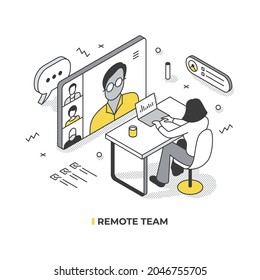 Remote team meeting concept. Woman works on a laptop and communicates in video call with her business team. Vector isometric illustration