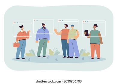 Remote team of office people having video call in window frames. Virtual meeting, digital conference flat vector illustration. Diversity, technology, communication concept for banner or website design