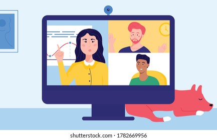 Remote-Team auf dem Desktop-Bildschirm diskutieren Projekt online Treffen. Weibliche Manager, die auf Datendiagramm verweisen, überraschte und glückliche Teammitglieder analysieren erzielte Ergebnisse durch Videokonferenz.