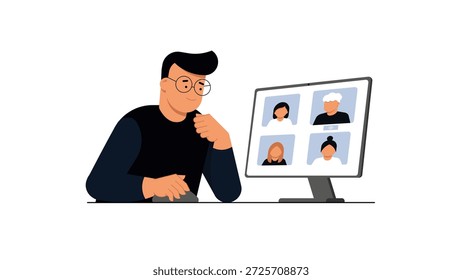 Remote Team Video Call on Desktop Screen — Business Character in Online Meeting. Modern flat style illustration of a business character working at a desk and taking part in a remote team video call on a desktop computer. The screen shows multiple participants, representing online meetings, remote work, digital communication and teamwork. Perfect for websites, SaaS platforms, presentations, and corporate design.