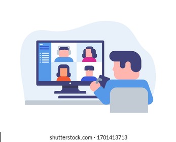 Remote team work. Group video chat. Cooperation online conference, webinar. Telecommuting teamwork. Work from home video conferencing.