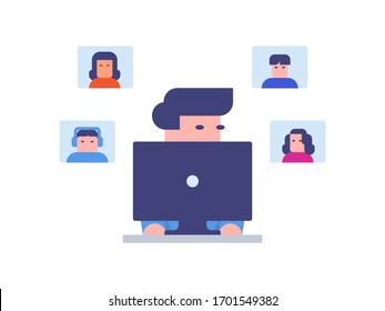 Remote team work. Group video chat. Online conference, webinar. Telecommuting teamwork. Work from home video conferencing.