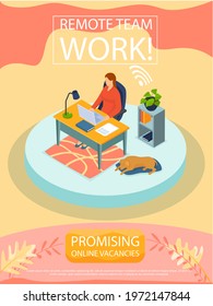 Remote team work, online meeting workspace. Video call chat conference, freelancer works from home. Woman communicating at distance with computer. Promising online vacancies business banner design