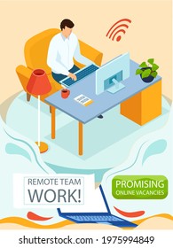 Remote team work, online meeting workspace. Video call chat conference, freelancer works from home. Man communicating at distance with computer. Promising online vacancies business banner design