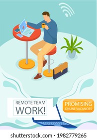 Remote team work, online meeting workspace. Video call chat conference, freelancer works from home. Man communicating at distance with laptop. Promising online vacancies business banner design