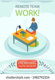 Remote team work, online meeting workspace. Businesswoman, freelancer works from home with computer. Woman communicating at distance with laptop. Promising online vacancies business banner design