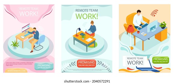 Remote team work, online meeting workspace. Video call chat conference, freelancer works from home. Man communicating at distance with laptop. Promising online vacancies business banner design set