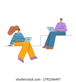 Remote team work. Teamwork of a group of people. Coworkers persons vector concept pictures. A man and woman with a laptop in their hands. Online meeting. Business Peoples. 