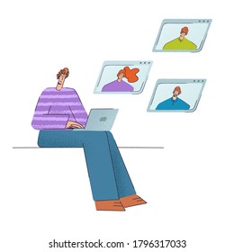 Remote team work. Teamwork of a group of people. Coworkers persons vector concept pictures. A man and woman with a laptop in their hands. Online meeting, teleconference, webinar. Business Peoples.  