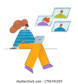 Remote team work. Teamwork of a group of people. Coworkers persons vector concept pictures. Women and men with a laptop in their hands. Online meeting, teleconference, webinar. Business Peoples.  