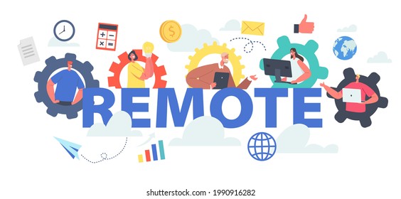 Remote Team Working Concept. Workers Webcam Group Conference with Coworkers. Business Characters, Office Employees Speak on Video Call Poster, Banner or Flyer. Cartoon People Vector Illustration