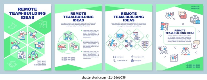 Remote Teambuilding Ideas Green Brochure Template. Online Cooperation. Leaflet Design With Linear Icons. 4 Vector Layouts For Presentation, Annual Reports. Arial-Black, Myriad Pro-Regular Fonts Used