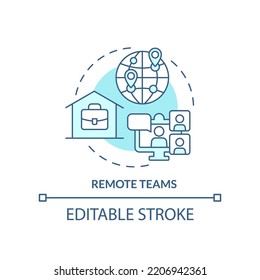 Icono de concepto turquesa de equipos remotos. Comunicación distante. Ilustración de línea delgada de ideas abstractas de tendencias empresariales. Dibujo de contorno aislado. Trazo editable. Fuentes Arial, Myriad Pro-Bold utilizadas