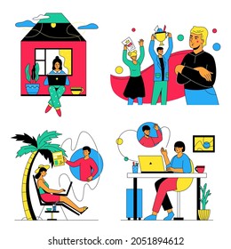 Remote teamwork - colorful flat design style illustrations with trendy characters. Freelance, business victory, videoconferencing. People working at laptops, getting awards, signing contracts online