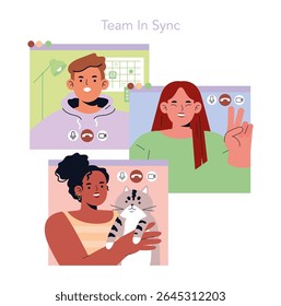 Conceito de trabalho em equipe remoto. Três indivíduos diversos colaboram de locais separados, comunicando-se on-line com estilo e facilidade.