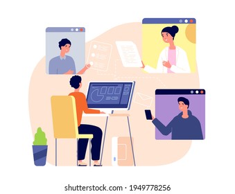 Remote teamwork. Digital technology, business meeting and online sharing. Coworkers share work, virtual video communication utter vector concept