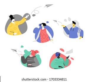 Remote teamwork workflow. Modern people vector male and female faceless characters working online. Teamwork and network concept for app and web design.