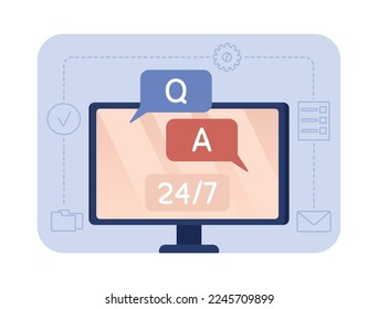 Remote tech support 2D vector isolated illustration. Answer questions. Computer flat object on cartoon background. Colorful editable scene for mobile, website, presentation. Sniglet Regular font used