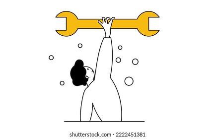 Remote technical support and holding wrench vector illustration concept. Service help technology business and online communication. Technical call center and network tech operator. Web consultation 