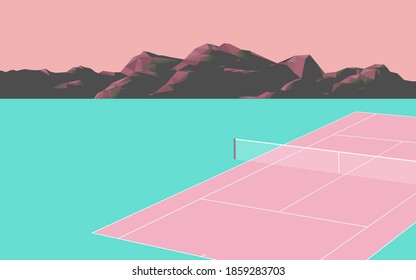 Remote tennis court in island and hill landscape, flat pastel pink and turquoise illustration