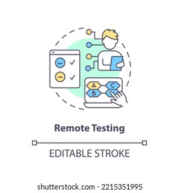 Remote Testing Concept Icon. Distance Usability Research Method. Online Evaluation Abstract Idea Thin Line Illustration. Isolated Outline Drawing. Editable Stroke. Arial, Myriad Pro-Bold Fonts Used