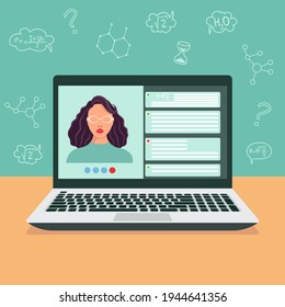 Remote testing. A laptop with a picture of a girl taking an online exam. Vector illustration in a flat style.