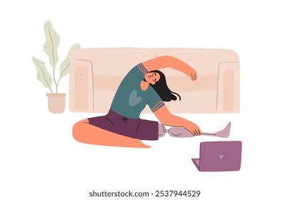 Remote training concept. Woman with disability doing stretching during online fitness class. Home training concept.