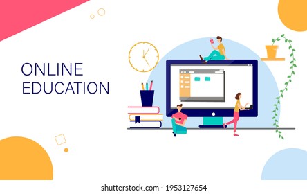 Remote training. The landing page template. A group of students is trained online. Vector illustration.