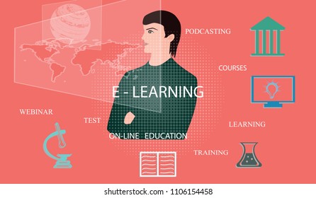 Remote training - man looks at transparent screen - bright background with education symbols - art vector illustration