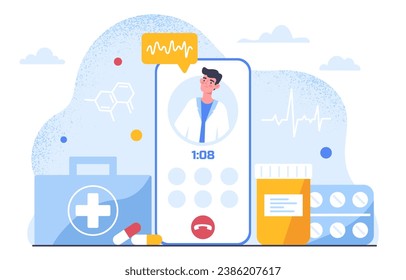 Remote treatment concept. Smartphone with doctor, telemedicine. Young guy in medical coat with drugs and pills, first aid kit. Diagnosis and health care. Cartoon flat vector illustration