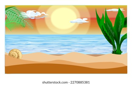 Remote tropical beach landscape at sunset. Landscapes. Vector illustration