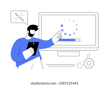 Remote troubleshooting abstract concept vector illustration. Technician provides fix services, bug fixing, IT company worker, maintenance and support, checking computer system abstract metaphor.