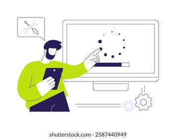 Remote troubleshooting abstract concept vector illustration. Technician provides fix services, bug fixing, IT company worker, maintenance and support, checking computer system abstract metaphor.