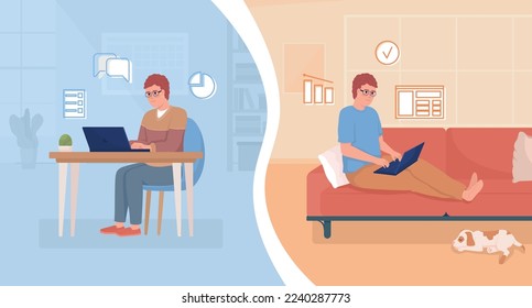 Remote versus office work flat concept vector illustration. Choosing workplace. Editable 2D cartoon characters on white for web design. Freelancer creative idea for website, mobile, presentation